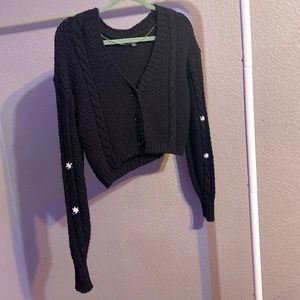 Wild Fable Cropped Black Sweater with Embroidered Flowers